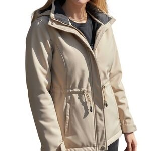 Gerry Women's Small Beige Hooded Softshell Jacket Fleece Lined Zip Up Coat Fall